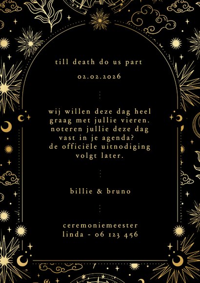 Originele save the date kaart astrologie zon met goudfolie 3
