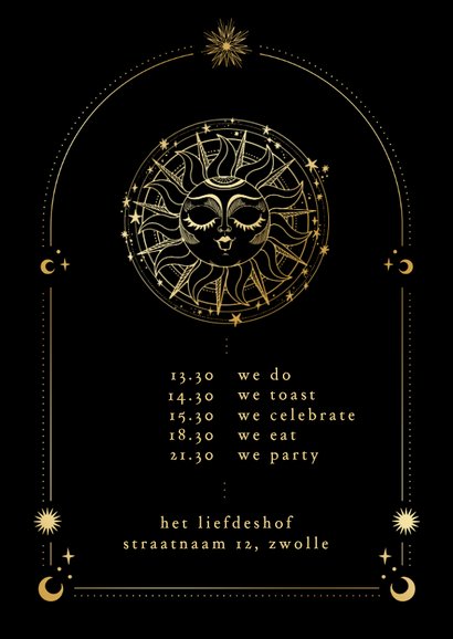 Originele trouwkaart astrologie zon met goudfolie 2