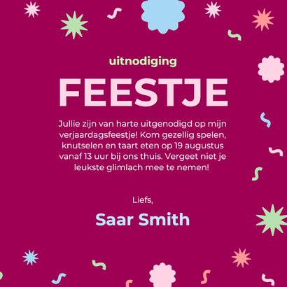 Paarse kinderfeestje uitnodiging fotokaart met confetti 3