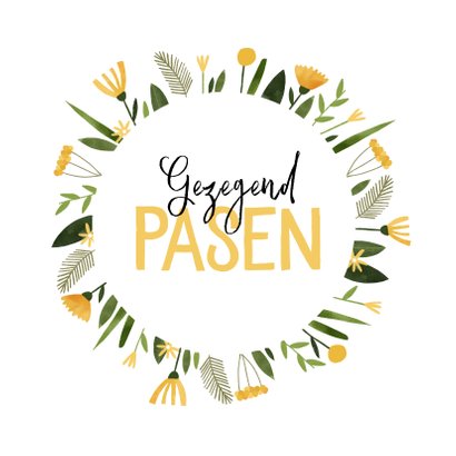 Paaskaart gezegend pasen gele bloemenkrans 2