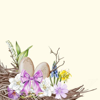 Paaskaart krans met bloemen strik en eieren 2