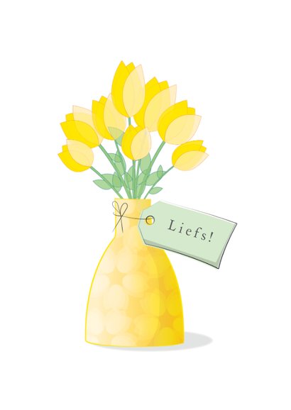 Paaskaart met bos gele tulpen in moderne vaas met motief 2