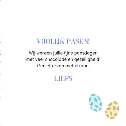 Paaskaart met paaseitjes en bloemen in pastelkleuren 3