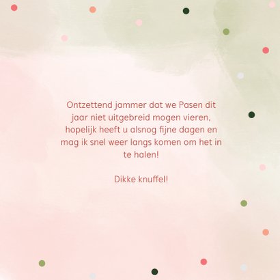 Paaskaart met roze en groene waterverf en vrolijke confetti 3