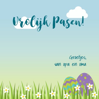 Paaskaart met vrolijk geel kuiken achter paasei 3