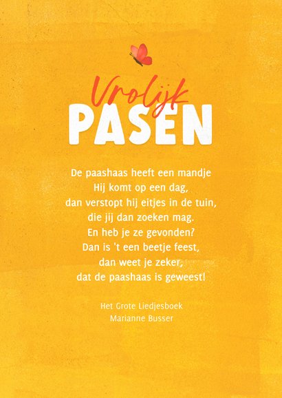 Paaskaart vrolijk paaseieren mand paashaas vlinders 3