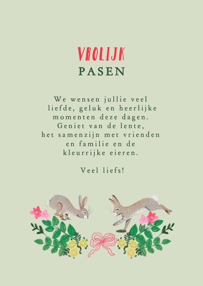 Paaskaartje vrolijk pasen paashaasjes en bloemen 3