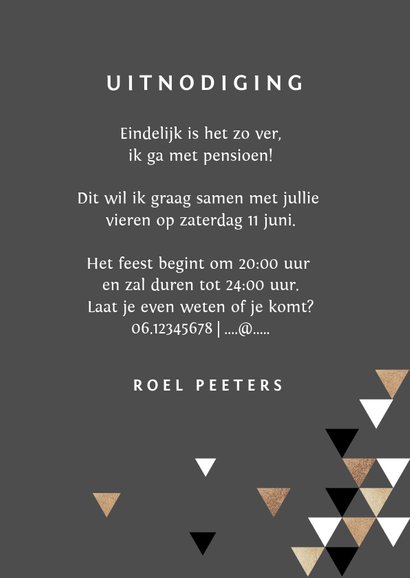 Pensioen uitnodiging stijlvol modern grafisch goud foto 3