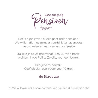 Pensioenfeest uitnodiging abstracte vormen met foto paars 3