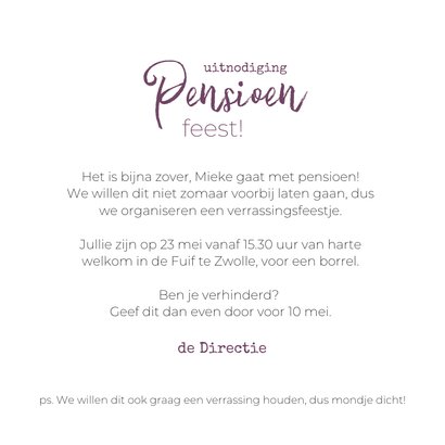 Pensioenfeest uitnodiging abstracte vormen met foto paars 3