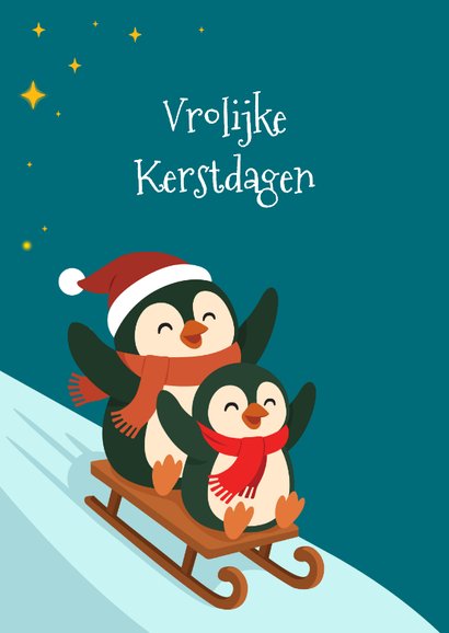 Pinguins op slee kerstkaart 2