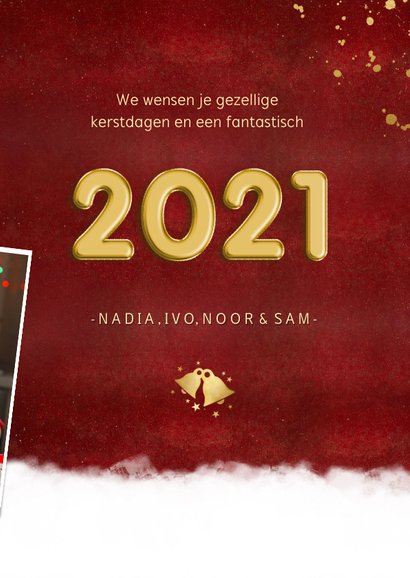 Rode fotocollage kerstkaart met jaartal 2021 stijlvol 3