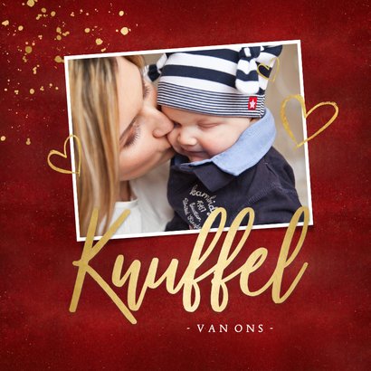 Rode kerstknuffel kerstkaart met gouden hart 2