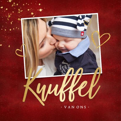 Rode kerstknuffel kerstkaart met gouden hart 2