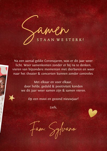 Rode nieuwjaarskaart samen met elkaar met gouden ster 3