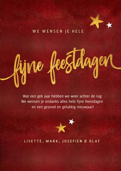 Rode warme kerstkaart met eigen foto en gouden sterren 3
