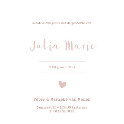 Roestbruin geboortekaartje met een oudroze hartje 3