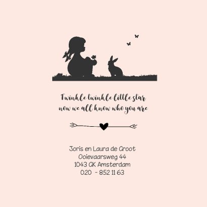 Romantisch geboortekaartje met een silhouet meisje en dieren 2