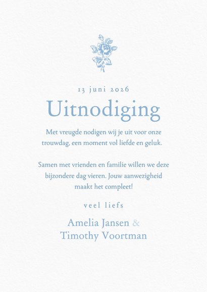 Romantische uitnodiging bruiloft met lichtblauwe roosjes 3