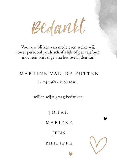 Rouwkaart bedankkaart stijlvol bloemen zwart wit goud 3