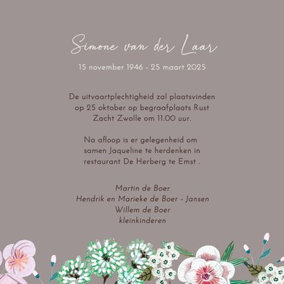 Rouwkaart bloemen met duif 3