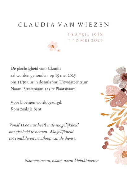 Rouwkaart bloemen vrouw modern chique 3