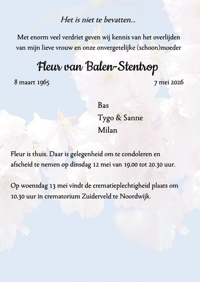 Rouwkaart bloesem tegen blauwe hemel 3