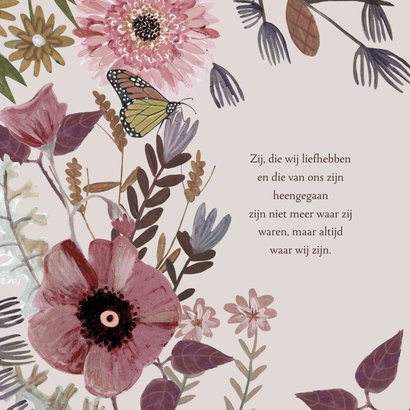 Rouwkaart botanische bloemen met vlinder en vogel 2