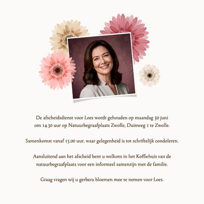 Rouwkaart gerbera bloemen stijlvol uitvaart uitnodiging 2