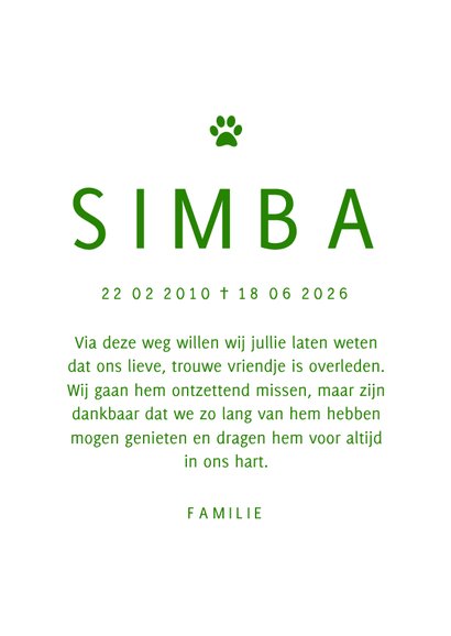 Rouwkaart huisdier met foto en pootafdruk 3