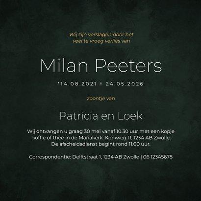 Rouwkaart kind stijlvol minimalistisch groen hartje goud 3