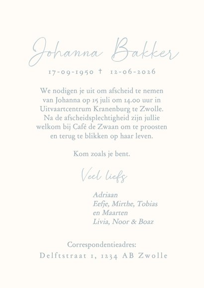 Rouwkaart lichtblauw met lijntekening van bloemen 3