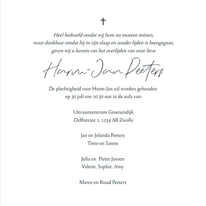 Rouwkaart man minimalistisch naam donkerblauw foto 3