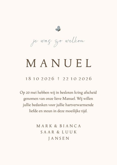 Rouwkaart met beertje konijn en blauwe vlinder 3