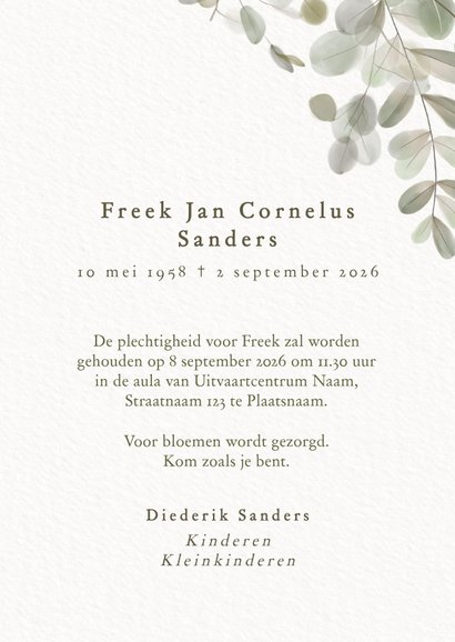 Rouwkaart met groene eucalyptus takjes en foto 3