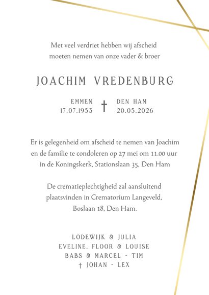 Rouwkaart met grote eigen foto en gouden lijnen 3