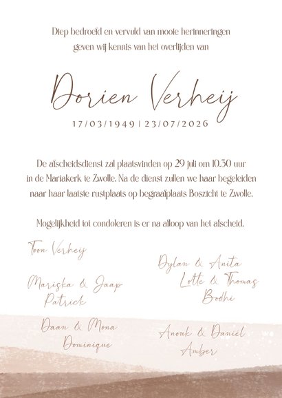 Rouwkaart met grote foto in boog in natuurtinten 3