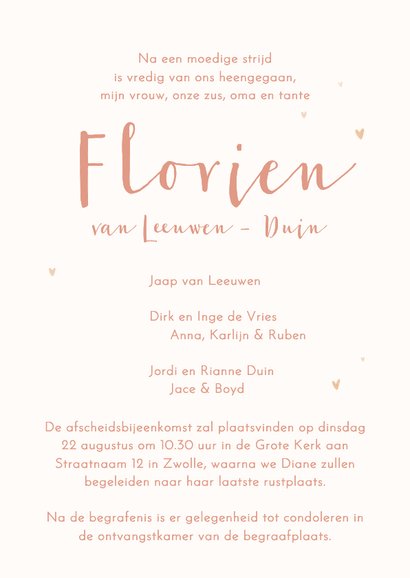 Rouwkaart met tulpen en kleine koperlook hartjes 3