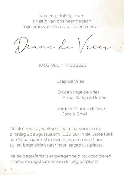 Rouwkaart met veer en waterverf beige 3