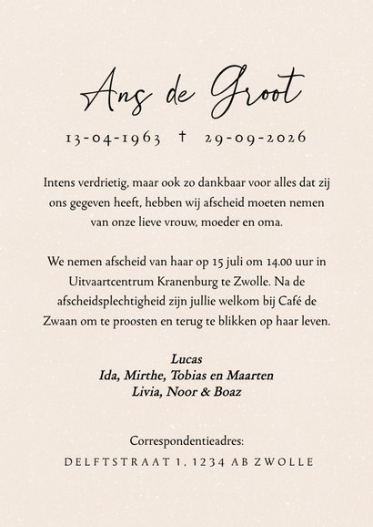 Rouwkaart met vergeet-mij-nietje in zacht beige kleur 3