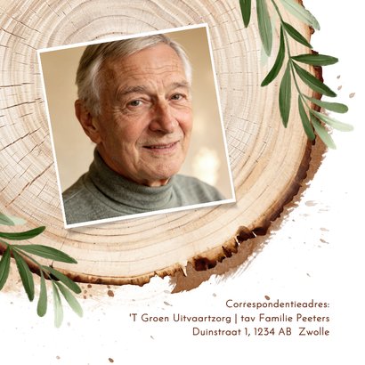 Rouwkaart natuur boomstam jaarringen foto's takje stoer 2