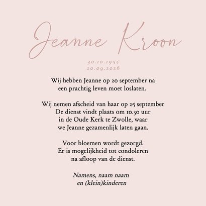 Rouwkaart oudroze tulp beige minimalistisch vrouw 3