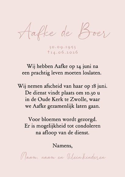 Rouwkaart oudroze tulpen bloemen vrouw 3