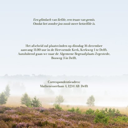 Rouwkaart paars heidelandschap met mist 2