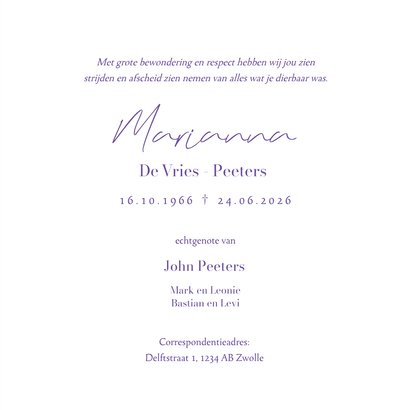 Rouwkaart paars lavendel foto stijlvol modern 3