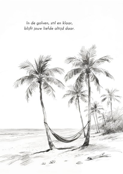 Rouwkaart schets strand met palmbomen hangmat 2