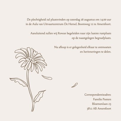 Rouwkaart stijlvol gerbera bloem line art afscheid man vrouw 2