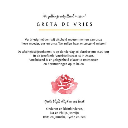 Rouwkaart stijlvol geschilderde roos met gouden hartje 3