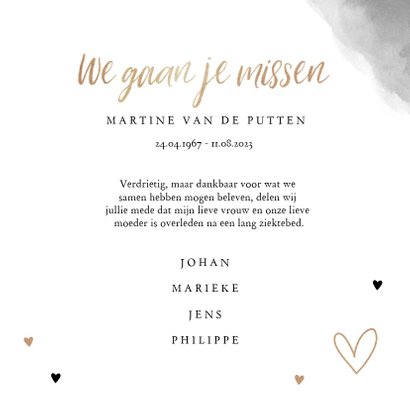 Rouwkaart stijlvol goudlook zwart wit bloemen hartjes 3