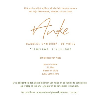 Rouwkaart vierkant vrouw bloemen oker beige 3